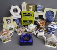 Collection of Ringtons merchandise includes Willow Story vase, teapots, Queen Elizabeth II glass