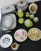 Kitchenware, salt jar, green polka dot coffee set, Beatles plate, 2 x Foley bone china trios