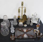 Brass companion set, coloured glass part sets - vase, dishes and tray, engraved water carafe with