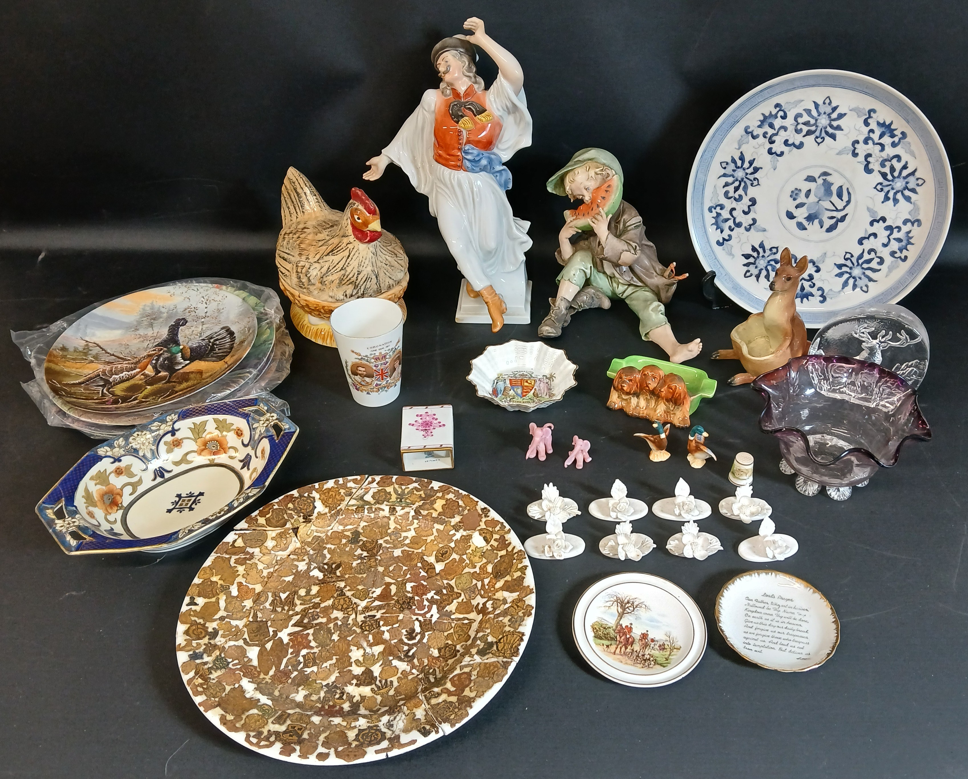 Herend Hungary Cossack dancer, Capodimonte figure of a young boy eating melon, Noritake gilded bowl,