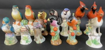 Collection of 13 Spode Copeland's China birds with glass eyes, kingfishers with damaged beaks