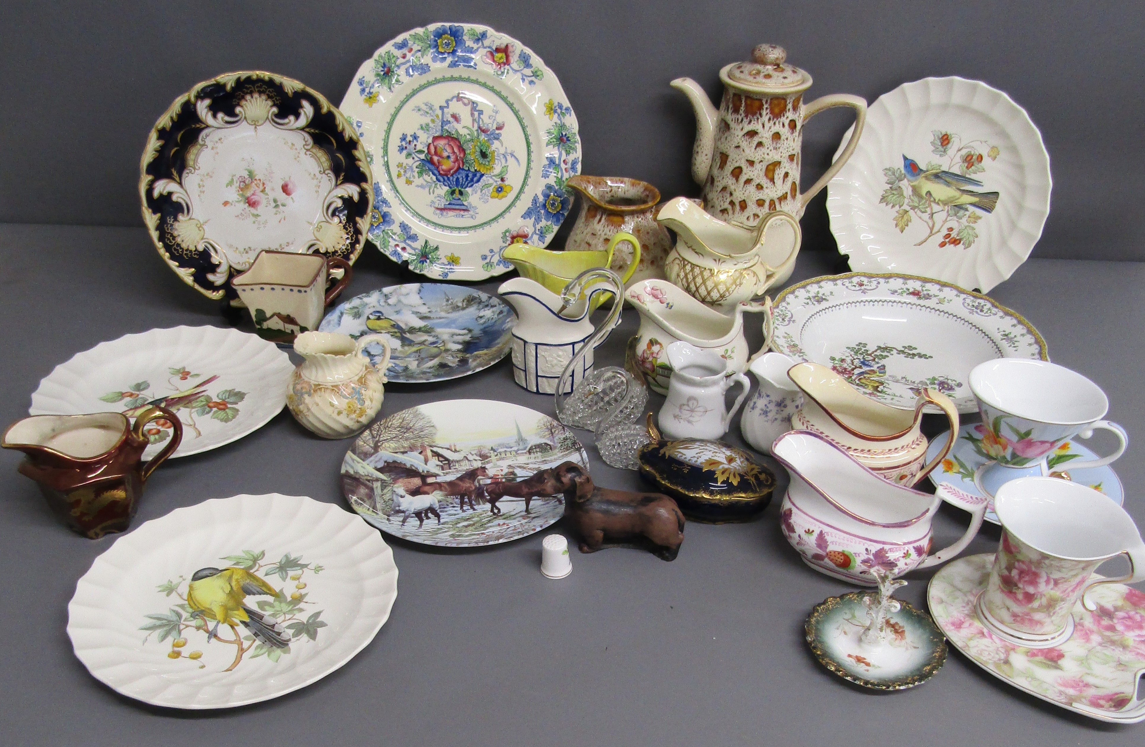 Fosters coffee pot and milk jug - Copeland Chelsea bowl, Arkansas Kingbird plate, Western Tanager