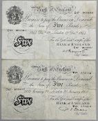 Two Bank Of England five pound bank notes: 12th December 1944 E87005849 Chief cashier K O Peppiatt &