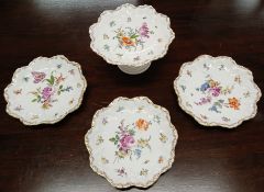 Sitzendorf hand painted porcelain plates 22.5cm dia (3) & tazza with floral decoration and gilt