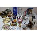 Glass vases, tumblers, paperweight, bell, commemorative ware mugs etc baby bowls and plates, various