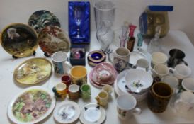 Glass vases, tumblers, paperweight, bell, commemorative ware mugs etc baby bowls and plates, various
