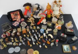 Play worn soft toys, purses, small ceramics, car featured desk set, musical ornaments