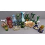 Collection of glassware includes hand painted green jugs, cranberry glass, carnival glass etc