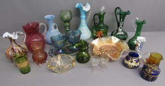 Collection of glassware includes hand painted green jugs, cranberry glass, carnival glass etc