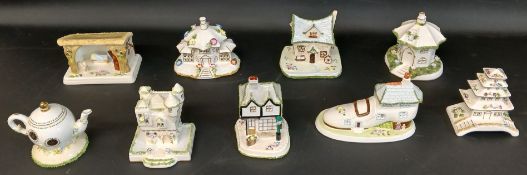 9 Coalport Cottages to include Tyrolean Castle, Tea Pot Cottage (signed A Willis), The Crooked