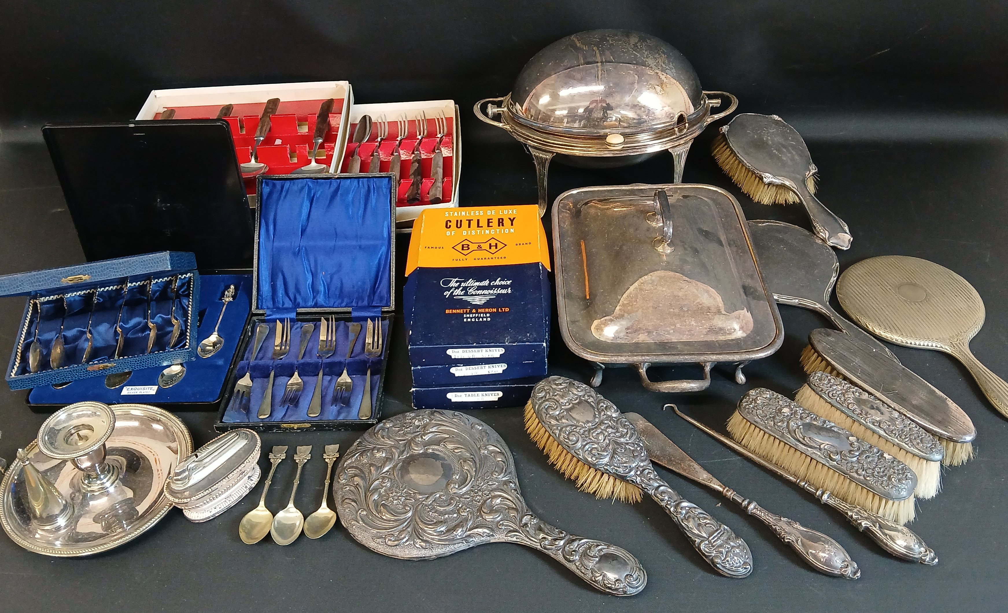 Quantity of silver plate including entree dish, roll top breakfast dish, various cutlery, chamber