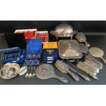 Quantity of silver plate including entree dish, roll top breakfast dish, various cutlery, chamber