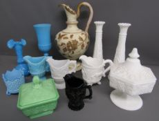 Milk glass - black, white and blue includes lidded sweet jar with grape pattern, painted ewer,