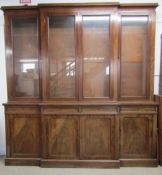 Large Victorian mahogany break front glazed bookcase cabinet - with shelves (not shown) - 264cm h