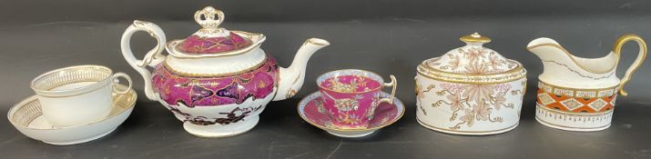 Collection of early 19th century Spode tea wares comprising: teapot (finial glued), milk jug,