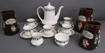 Royal Sutherland peacock teaset and 3 staggered barge jugs 'A present from Mrs Sullivan Heywood