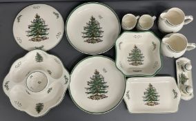 Spode Christmas Tree tableware comprising entrée dish, cake stand, 2 large dishes, 2 jugs (one