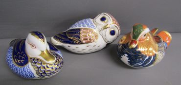 3 Royal Crown Derby paperweights - duck - owl & duck (with boxes)