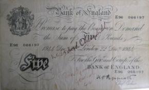 Framed Kenneth Oswald Peppiatt Chief Cashier signed Bank of England five pound note 22nd December