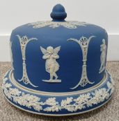 19th century jasperware cheese dish and cover with cherub & oak leaf decoration, no obvious mark,