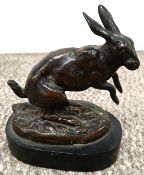 Bronze leaping hare on slate base after Louis 'L'aveugle' Vidal, 11cm high