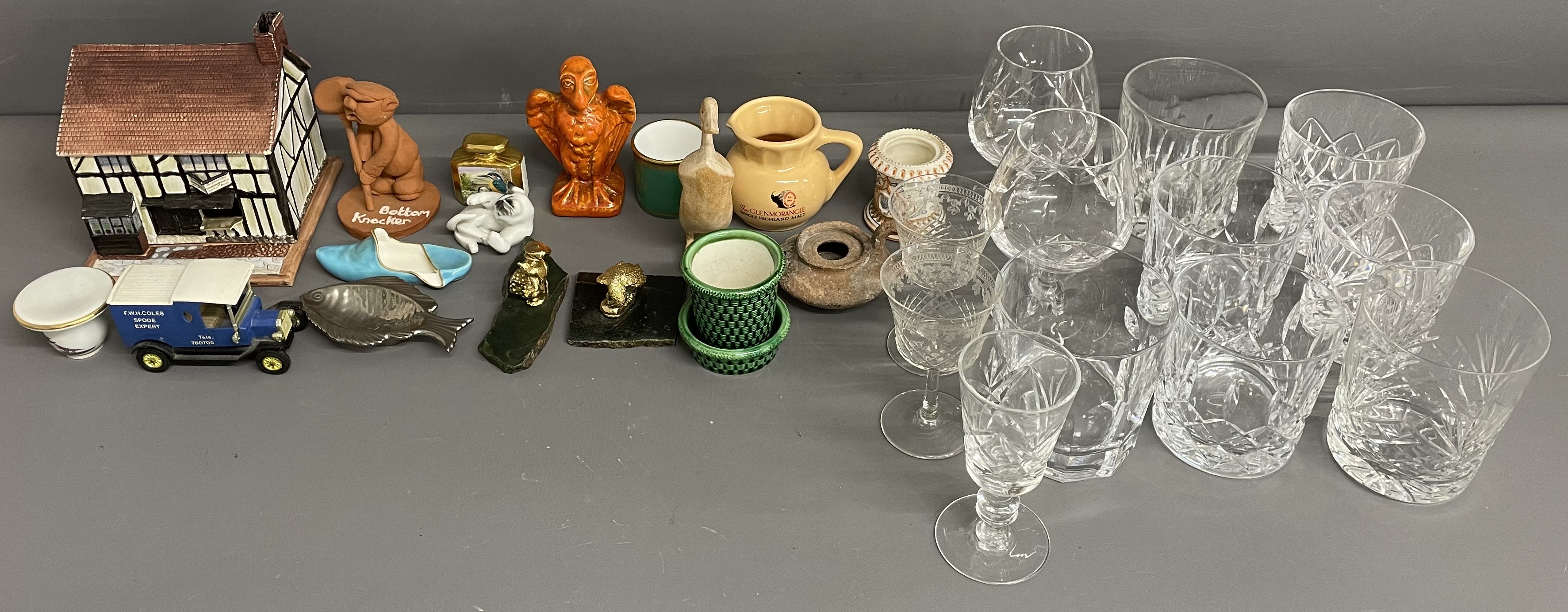 Various ceramics including a Copeland cottage (repaired), Spode etc & drinking glasses