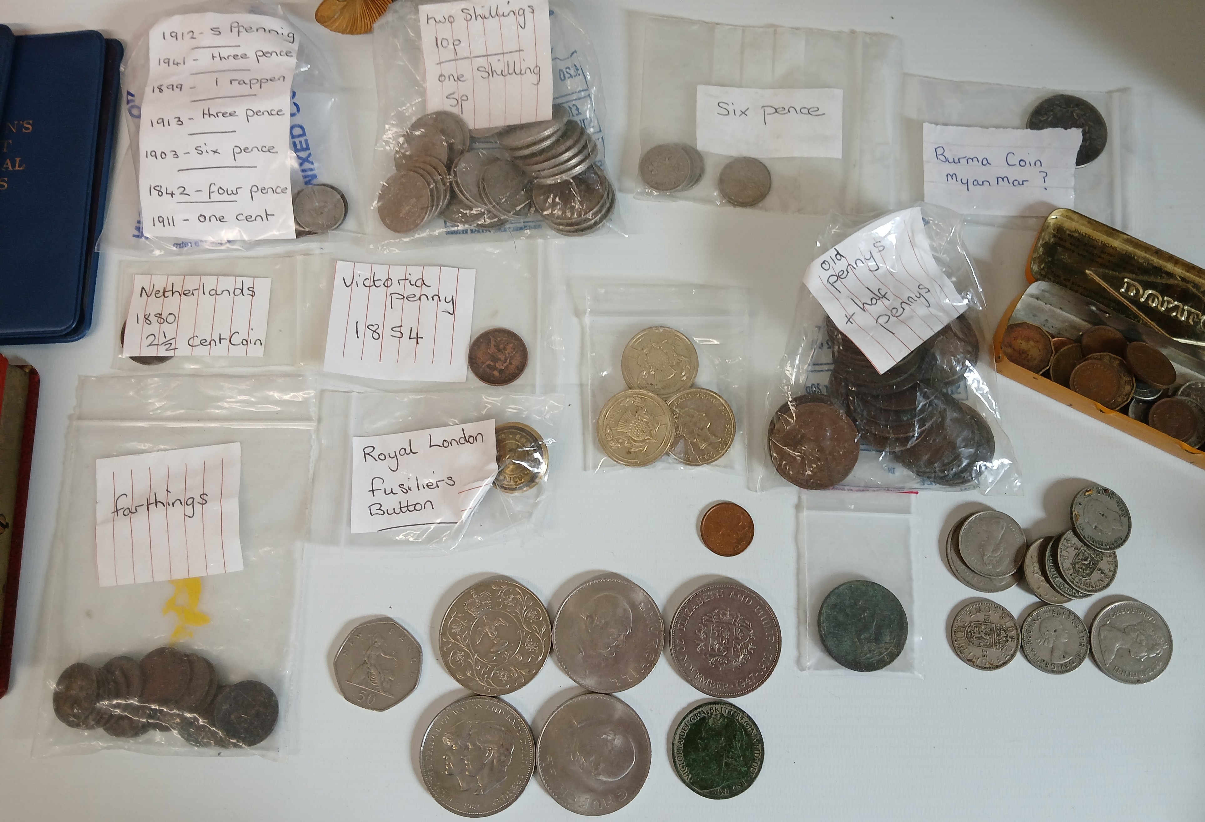 Various coins - mainly GB, Tri-ang railways train set RS4, 2 hand held fans, japanned bin and - Image 2 of 3