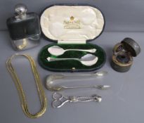 James Dixon hip flask - Mappin and Webb cased strawberry spoons - ink well - sugar nips - gold