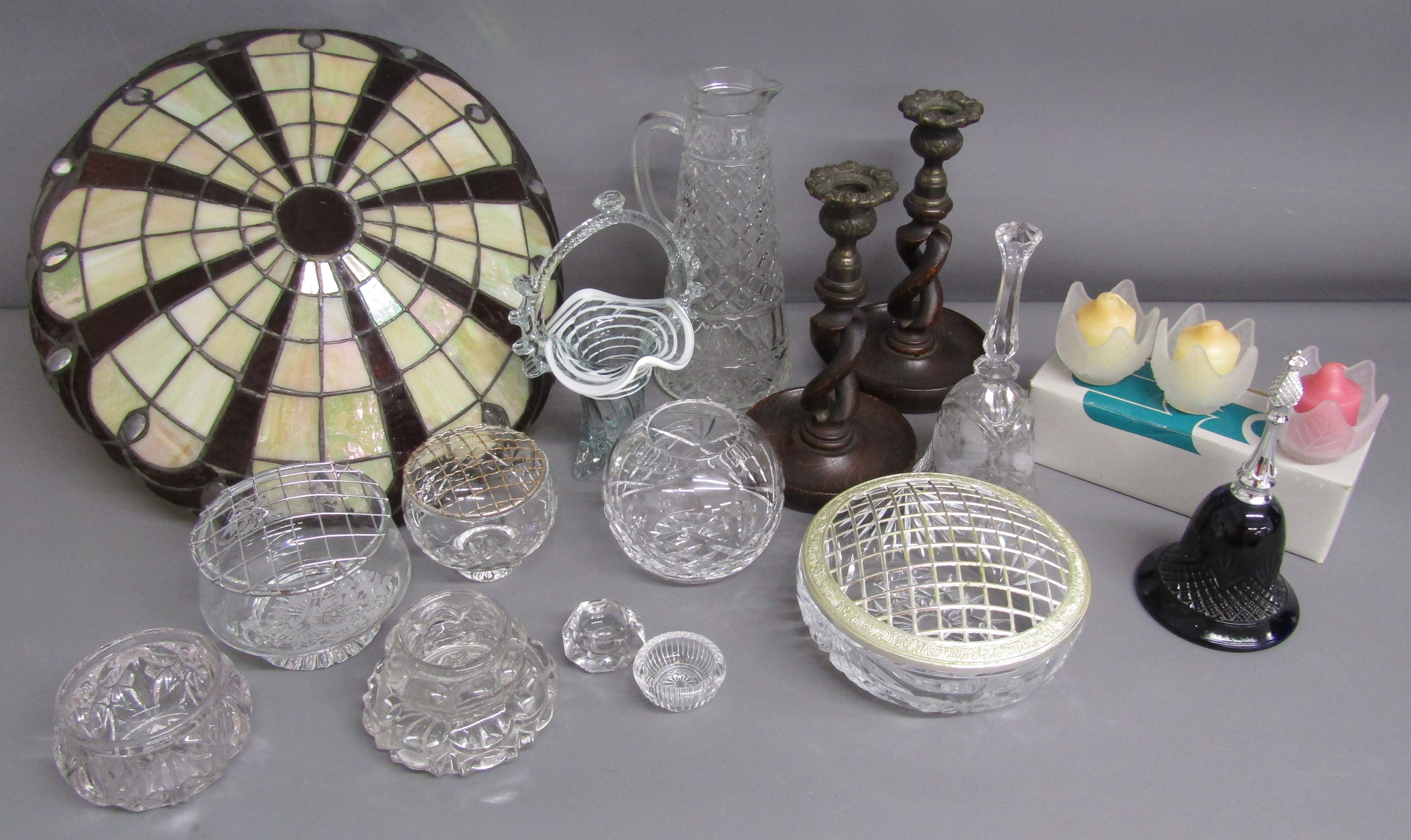 Glassware includes Tiffany style ceiling light, Murano style basket, posy bowls, also Avon