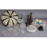 Glassware includes Tiffany style ceiling light, Murano style basket, posy bowls, also Avon