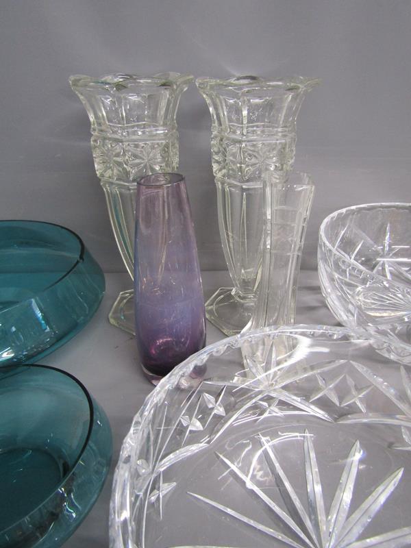 Collection glassware includes coloured fruit set, jelly mould, candlesticks, vases etc - Image 4 of 4