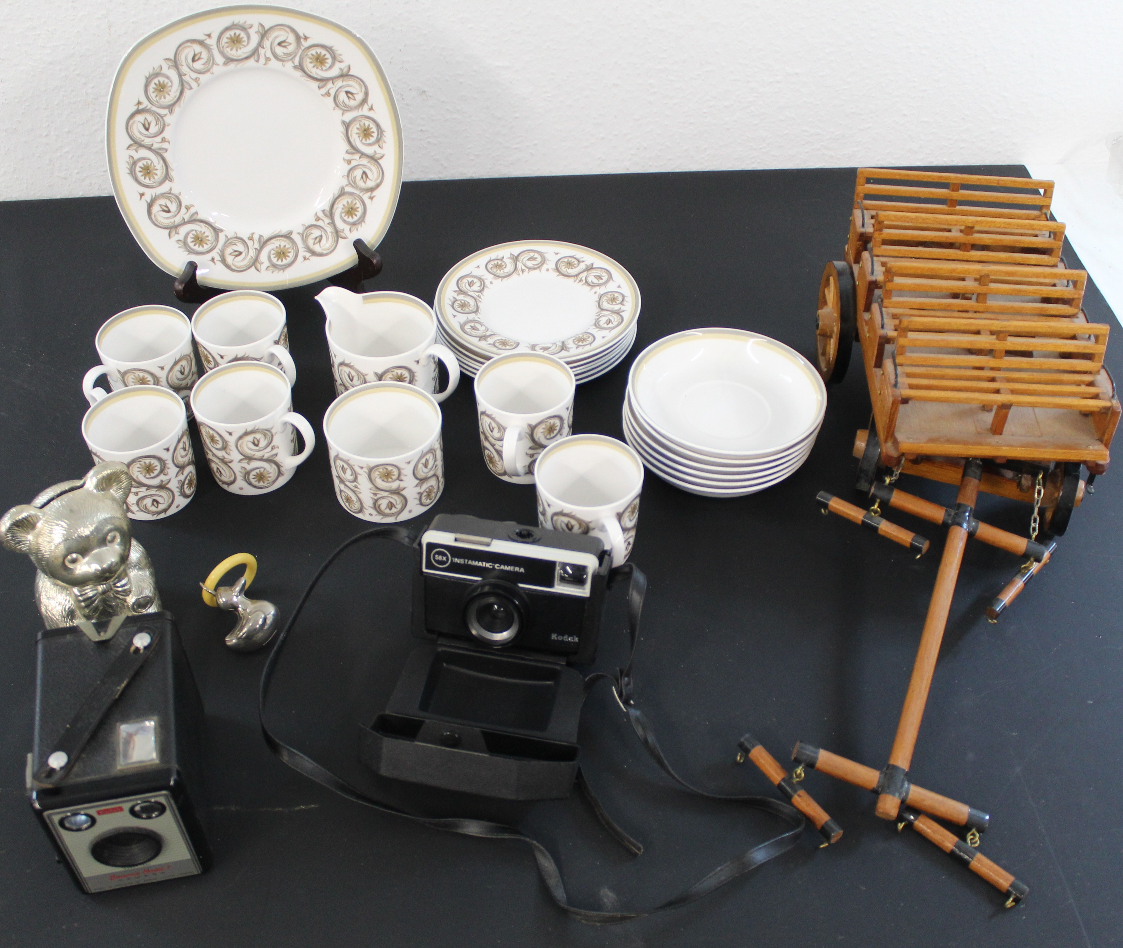 Part Susie Cooper coffee set, wooden model cart, Teddy Bear money box, white metal teething ring, - Image 2 of 2