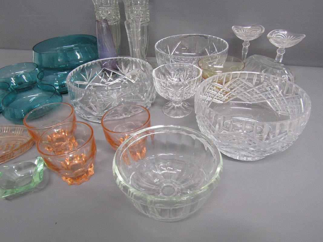 Collection glassware includes coloured fruit set, jelly mould, candlesticks, vases etc - Image 3 of 4