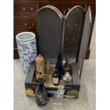 Cylindrical ceramic stick stand, fireguard (damaged) & a collection of bottles