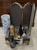 Cylindrical ceramic stick stand, fireguard (damaged) & a collection of bottles
