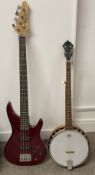 Wesley electric bass guitar & a banjo with case
