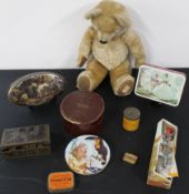 Teddy Bear and a selection of tins, wool winder and collar box. One tin includes used stamps, one