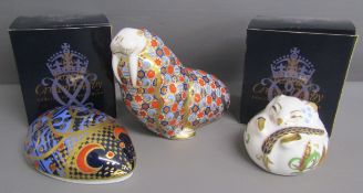 3 Royal Crown Derby Paperweights - Millennium Computer Mouse - Sleeping Door Mouse & Walrus
