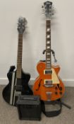 Johnson hollow body electric guitar & a C B Sky electric guitar with a small 9V amplifier & stand