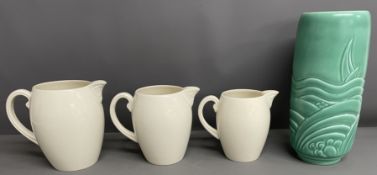 Three Spode graduated jugs & a Spode Royal Jade Art Deco vase (some hairline cracking to rim) Ht
