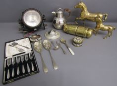 Silver plate and brass includes Joseph Lucas spare bulbs with bulbs, brass horses, mother of pearl
