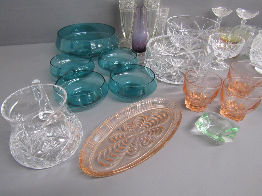 Collection glassware includes coloured fruit set, jelly mould, candlesticks, vases etc - Image 2 of 4