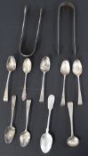 Two Silver sugar tongs  London 1822 and London 1792 plus 9 tea silver spoons Total weight 5.7 ozt