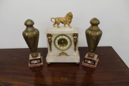 Onyx mantel clock with gilded furniture 38cm h, 25cm x 11cm and pair of matching marble / brass