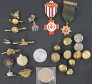 Selection of cap badges, buttons, sweetheart brooches and medallions