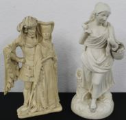 Parian figurine of mother carrying child & plaster flatback of medieval couple wall hanging marked