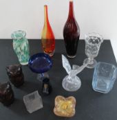 Selection of glass vases tallest 45cm, 2 glass owl money boxes