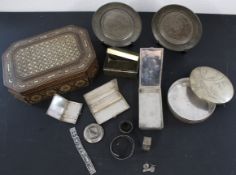 Selection of Siam silver, Persian engraved plates, mother of pearl inlaid box (requires repair),