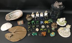 Selection of frogs - hardstone, Limoges, brass, trinket boxes, large marble lidded pot, brass