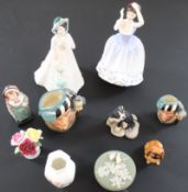 Royal Doulton figurines Julia, Sheila, Mrs Bardeil, The Falconer, Pekinese dog and Ainsley vases